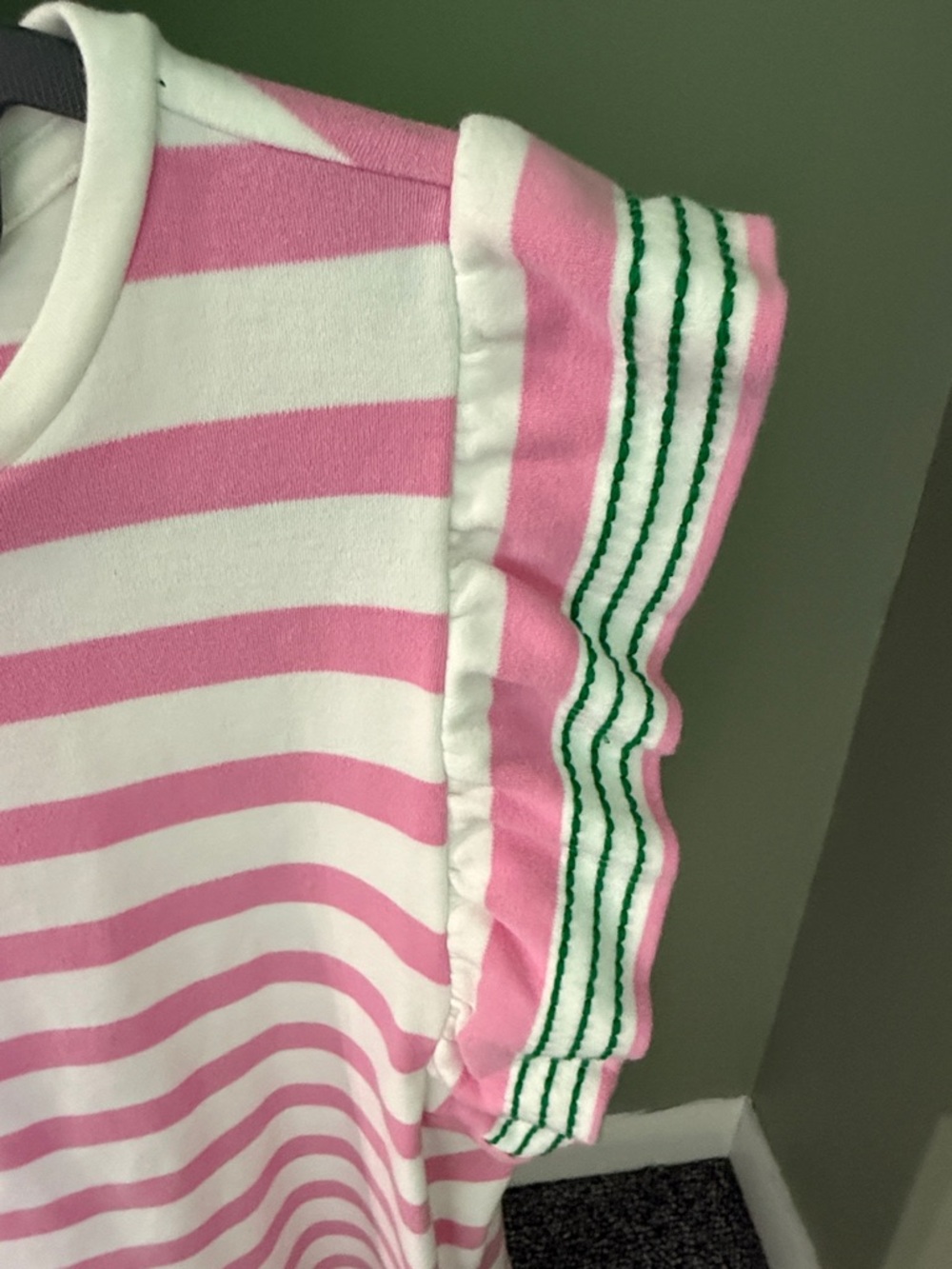 crown & ivy Pink and White Striped Flutter Sleeve Top with Green Trim - Picture 4 of 4